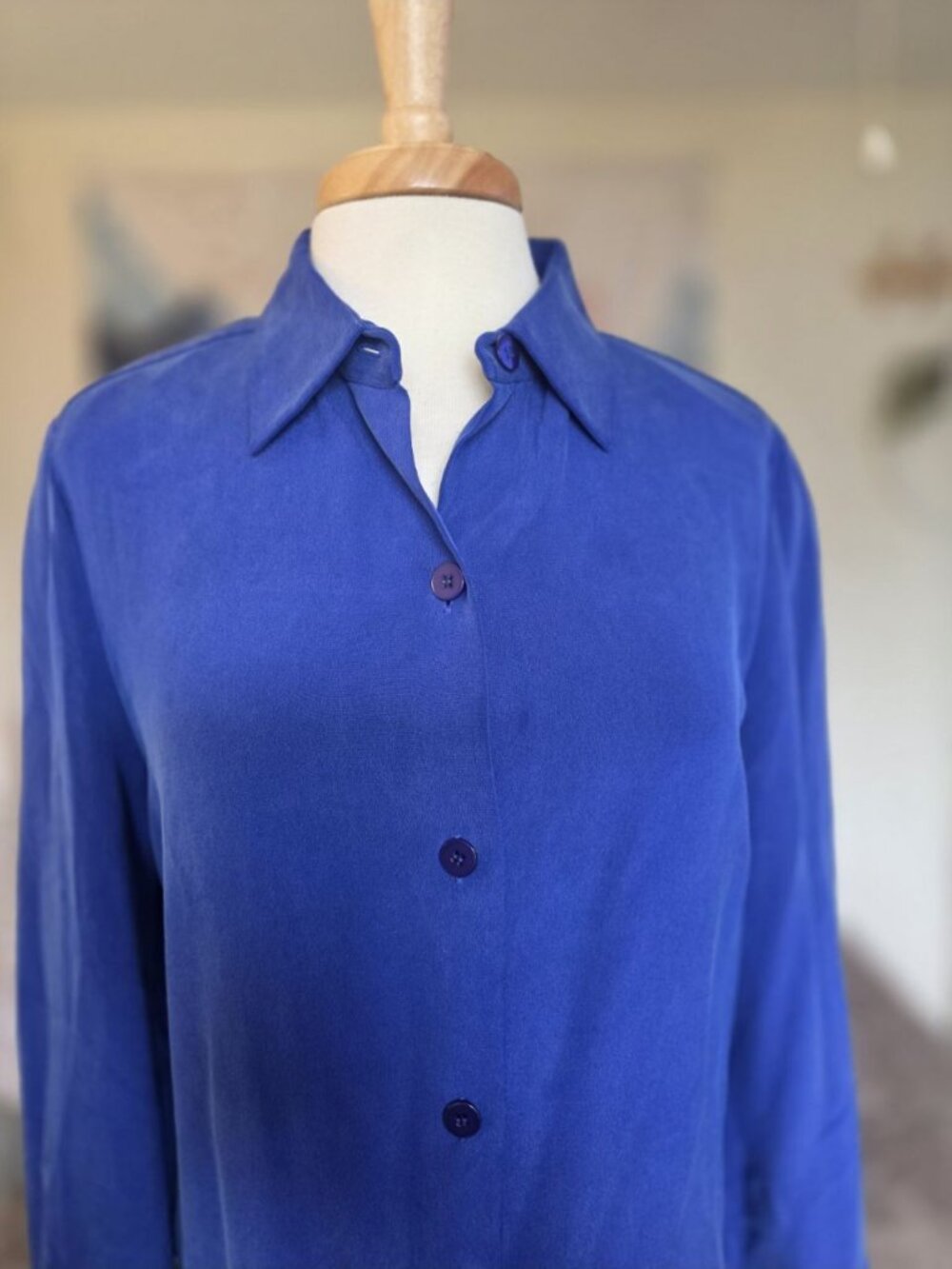 Josephine Chaus 100% Silk Blue Button Front Blouse Women's 12 Long Sleeve Top - Picture 3 of 14